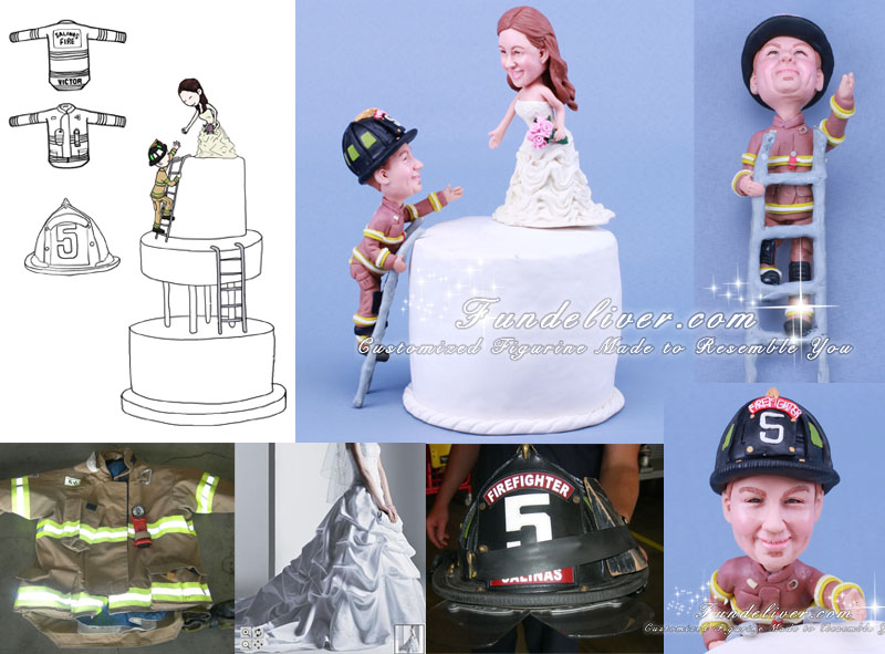 firefighter climbing ladder to save bride cake toppers